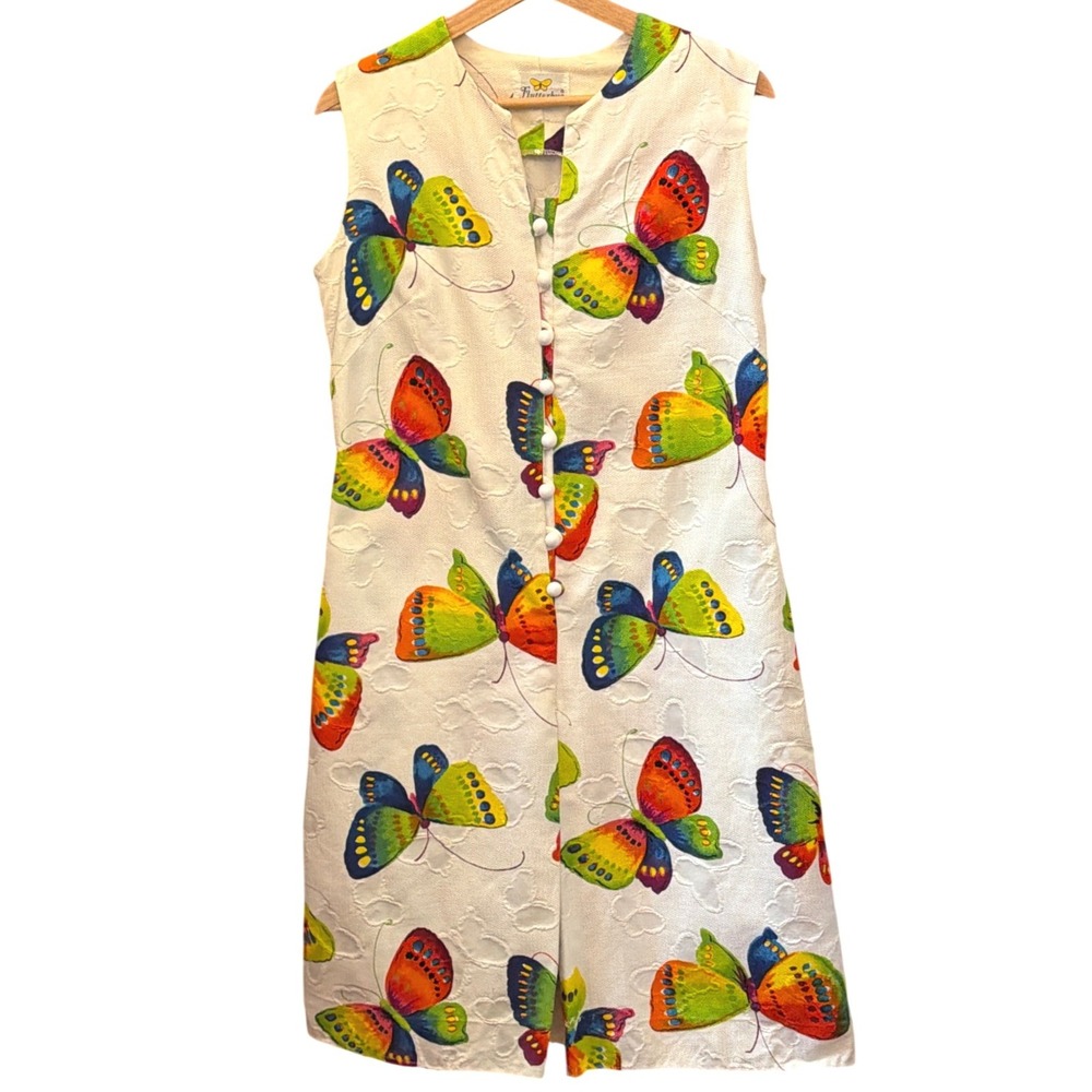 Vintage Flutterbye Shift Dress Rainbow Butterfly Mod Psychedelic Kitschy